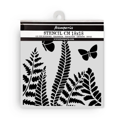 Szablon dekoracyjny Stamperia KSTDQ131 (18x18 cm) - motyle, paprotki, liście 1.webp