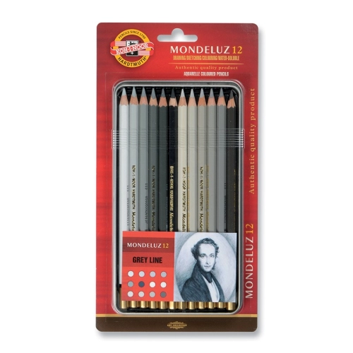Zestaw kredek akwarelowych Koh-I-Noor MONDELUZ szarości - 12 kol. (metalowe etui).jpg